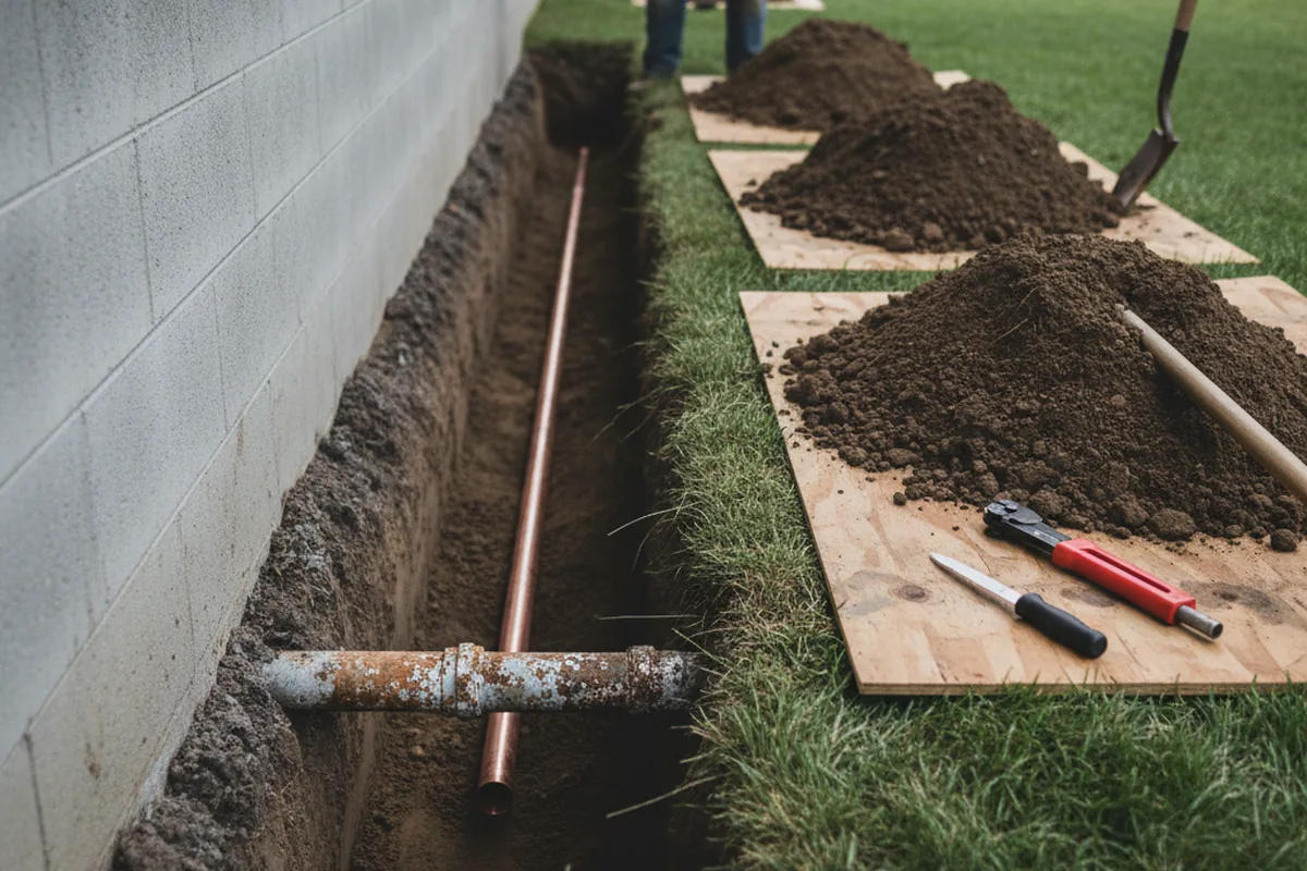 Excavated water line trench during Sewer Line Repair in Williamsville